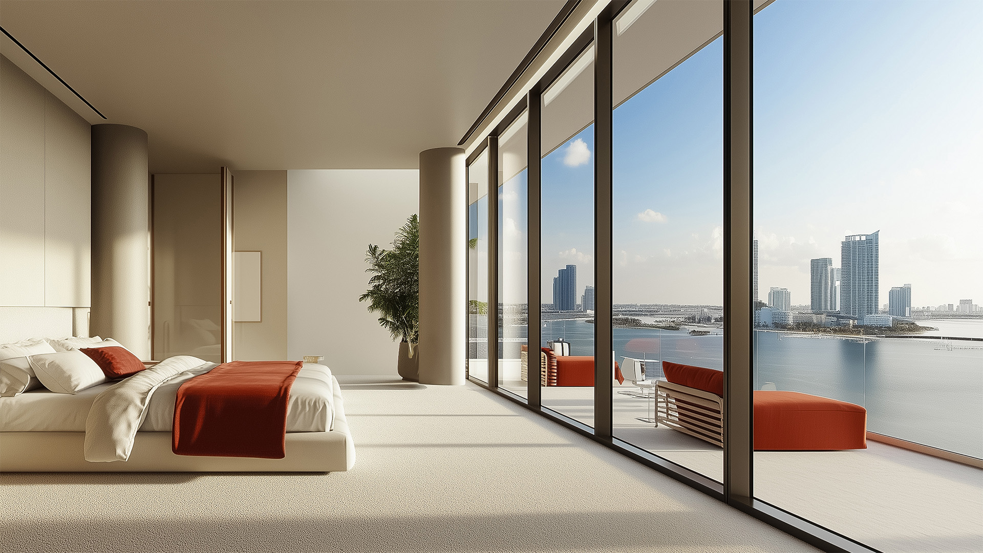 a large room with a large window overlooking a body of water