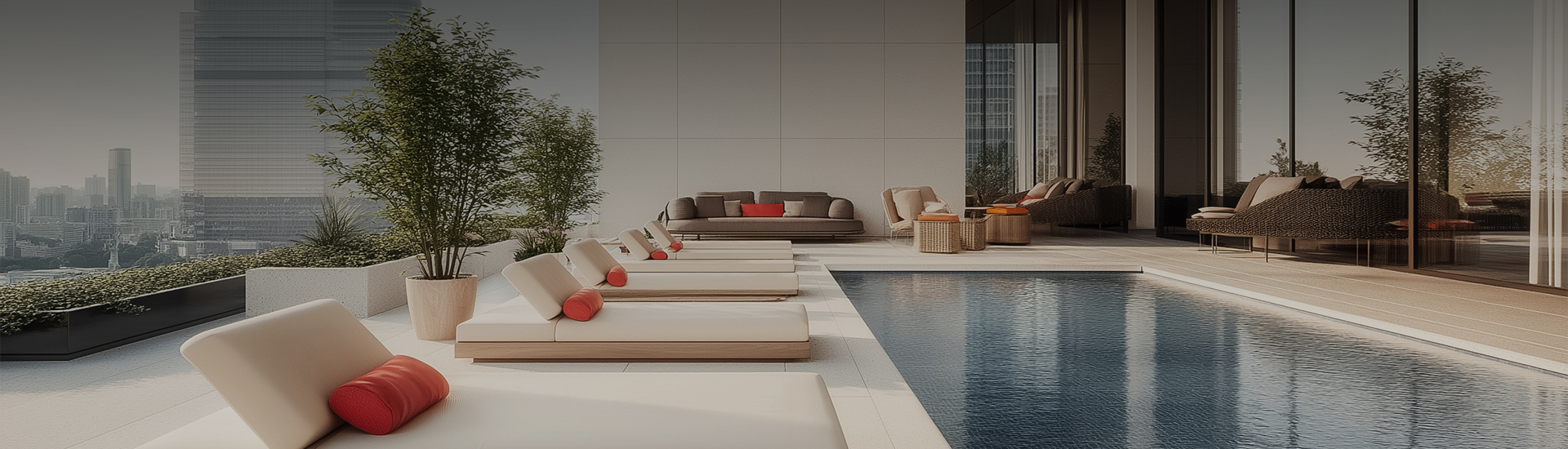 a pool with lounge chairs and a table