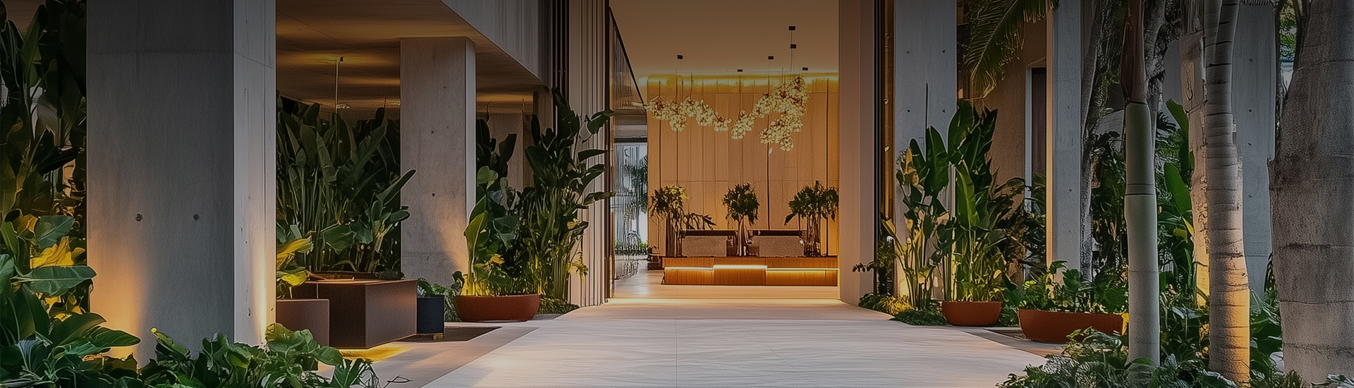 a hallway with plants in it