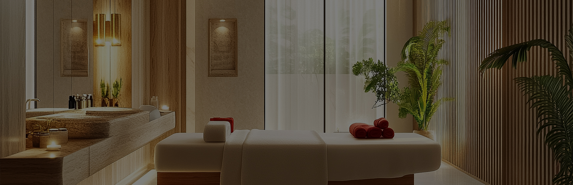 a massage table with towels and a plant