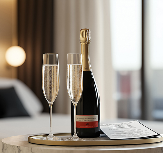 a bottle and glasses of champagne on a tray