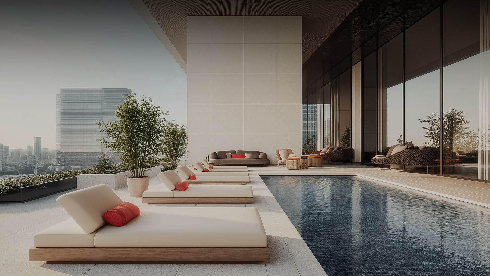 a pool with lounge chairs and trees