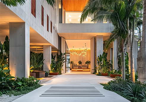 a walkway with plants and a walkway in a building
