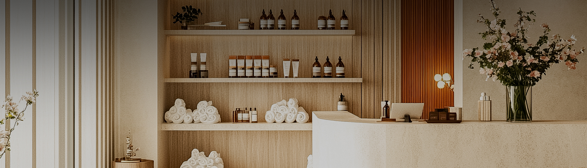 a shelf with towels and bottles on it