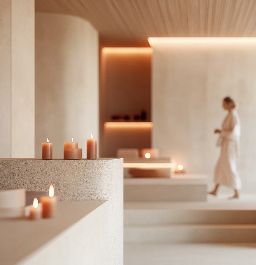 a woman walking in a room with candles