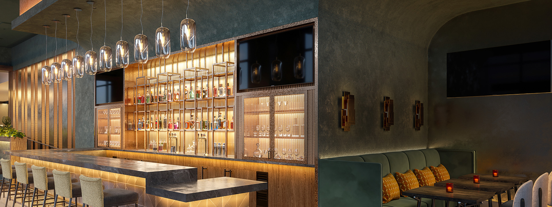 a bar with a shelf of liquor