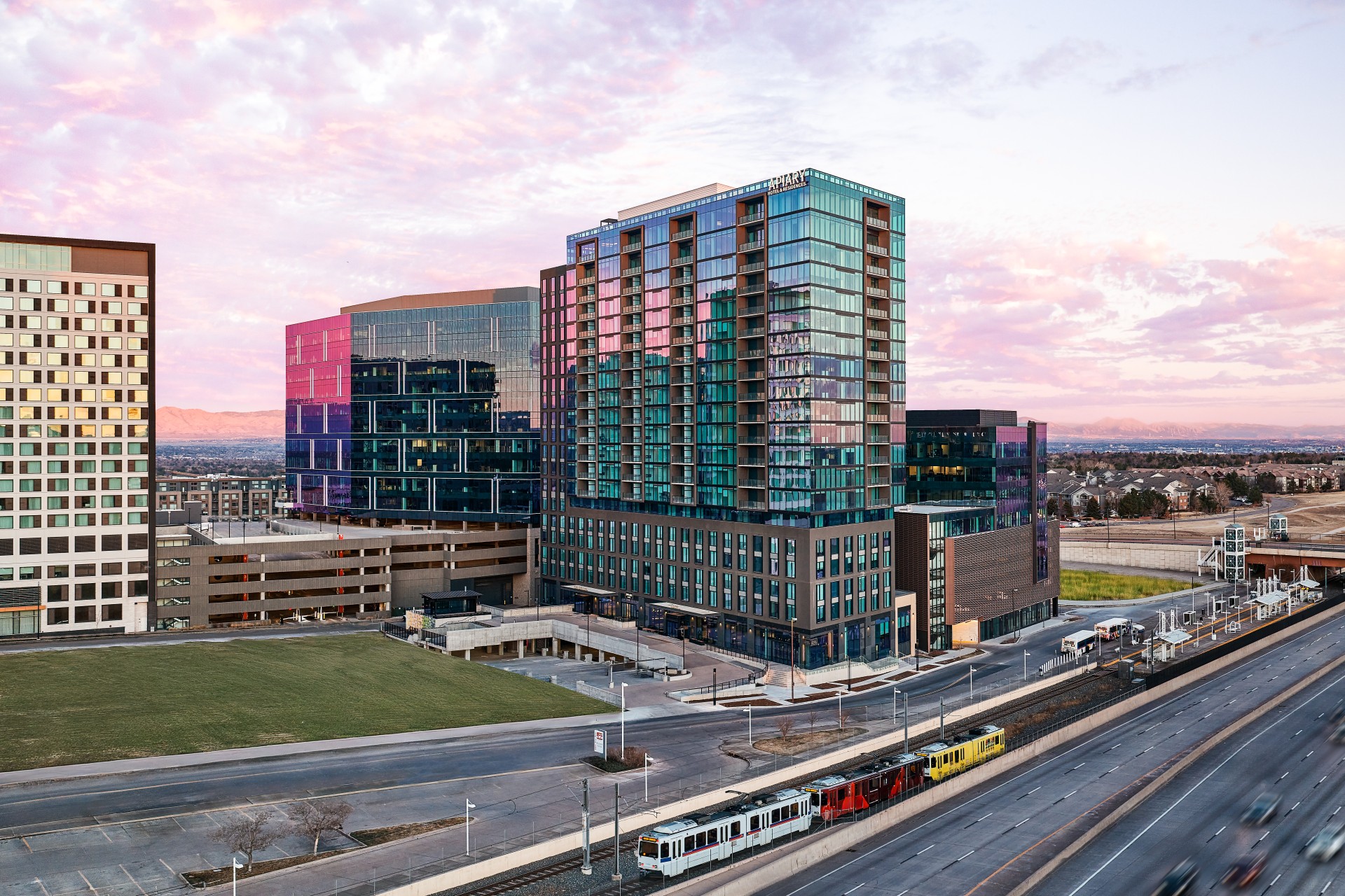 Belleview Station in Denver, showing the hotel and the train station nearby
