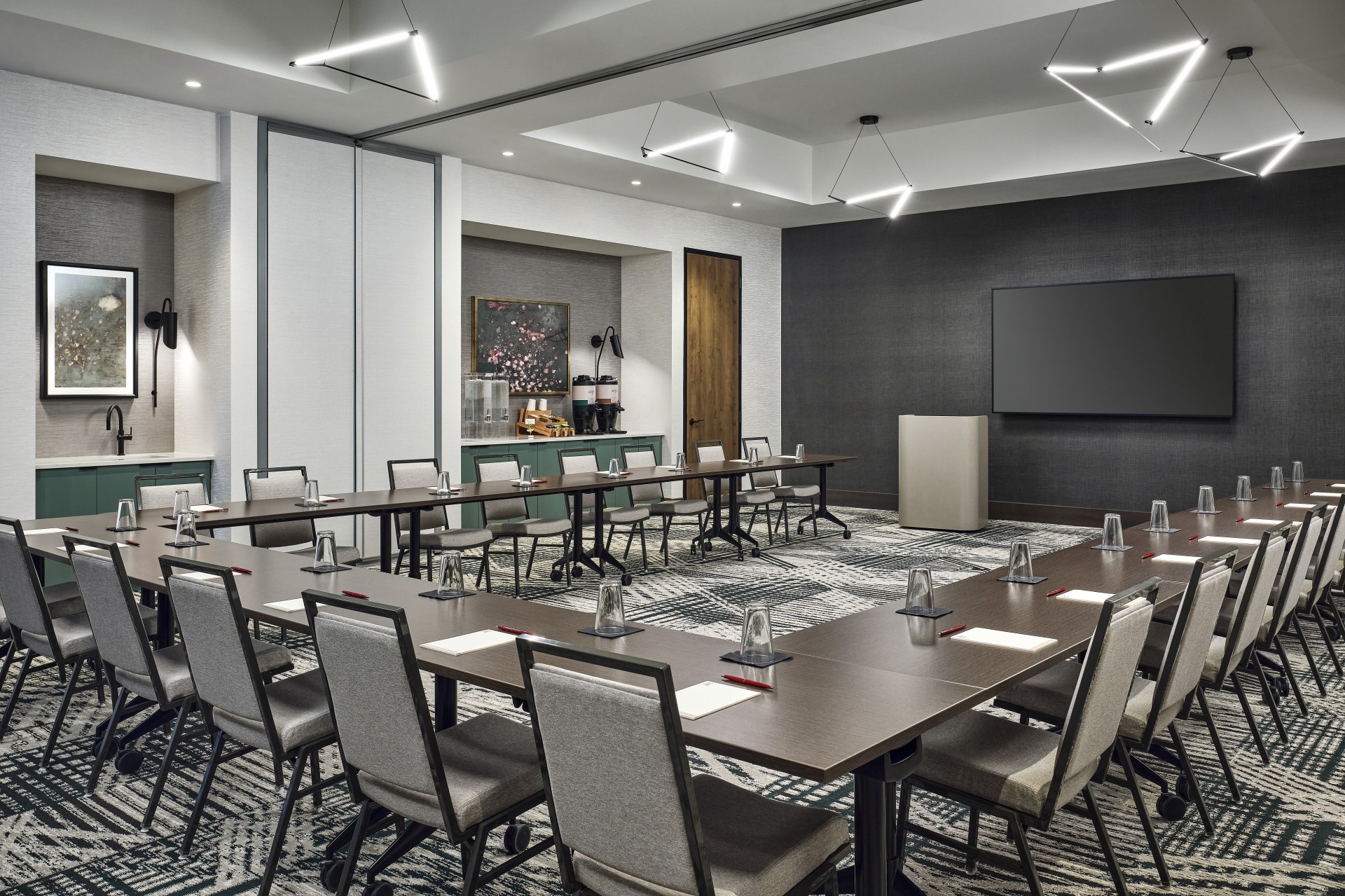 a room with tables and chairs