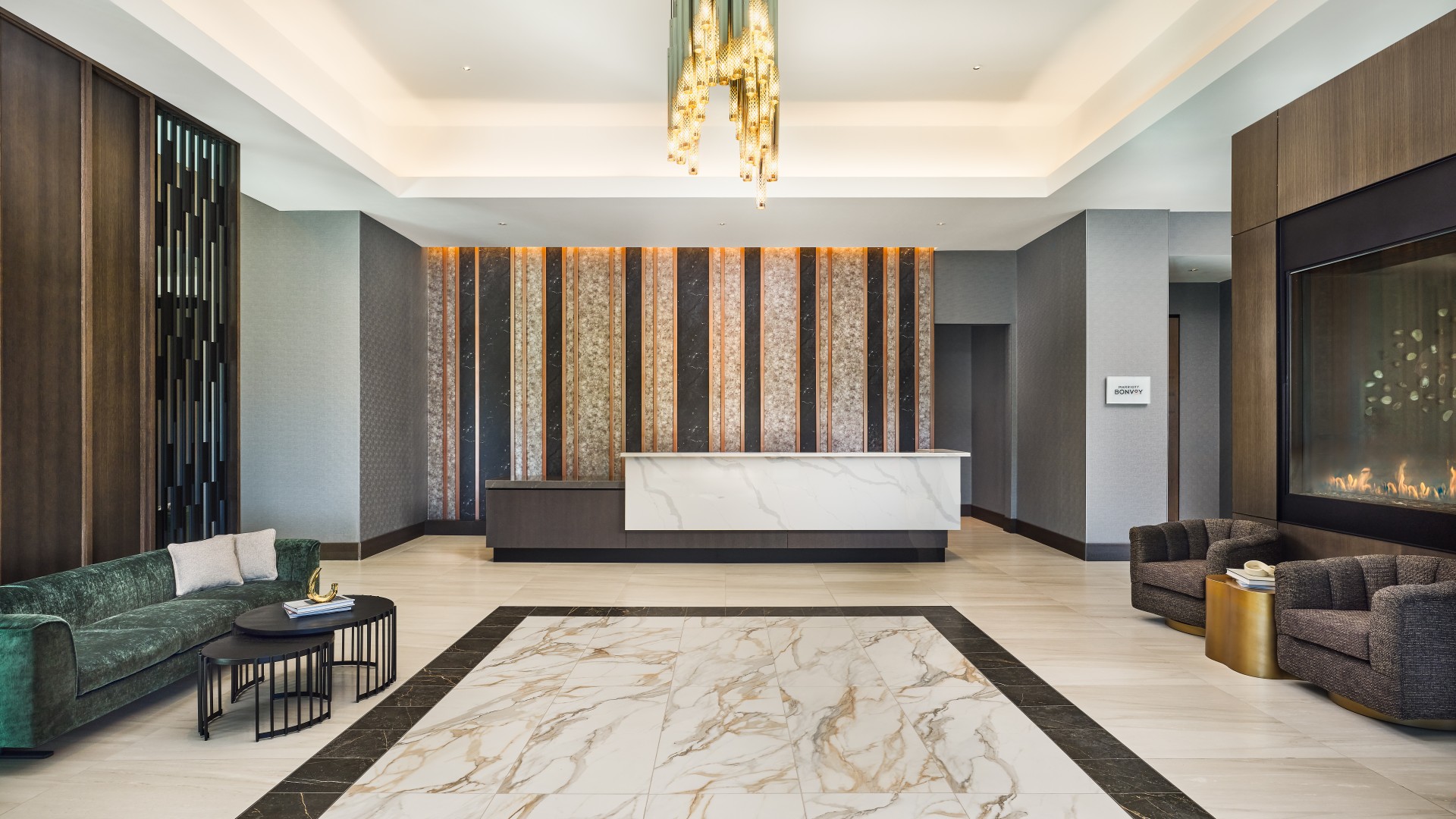 a lobby with a marble floor and a marble floor