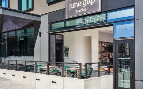 a store front with a sign