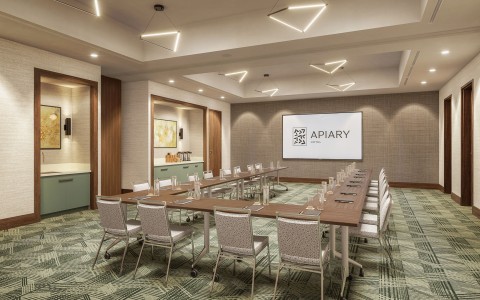 a room with a table and chairs