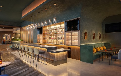a bar with a bar and chairs