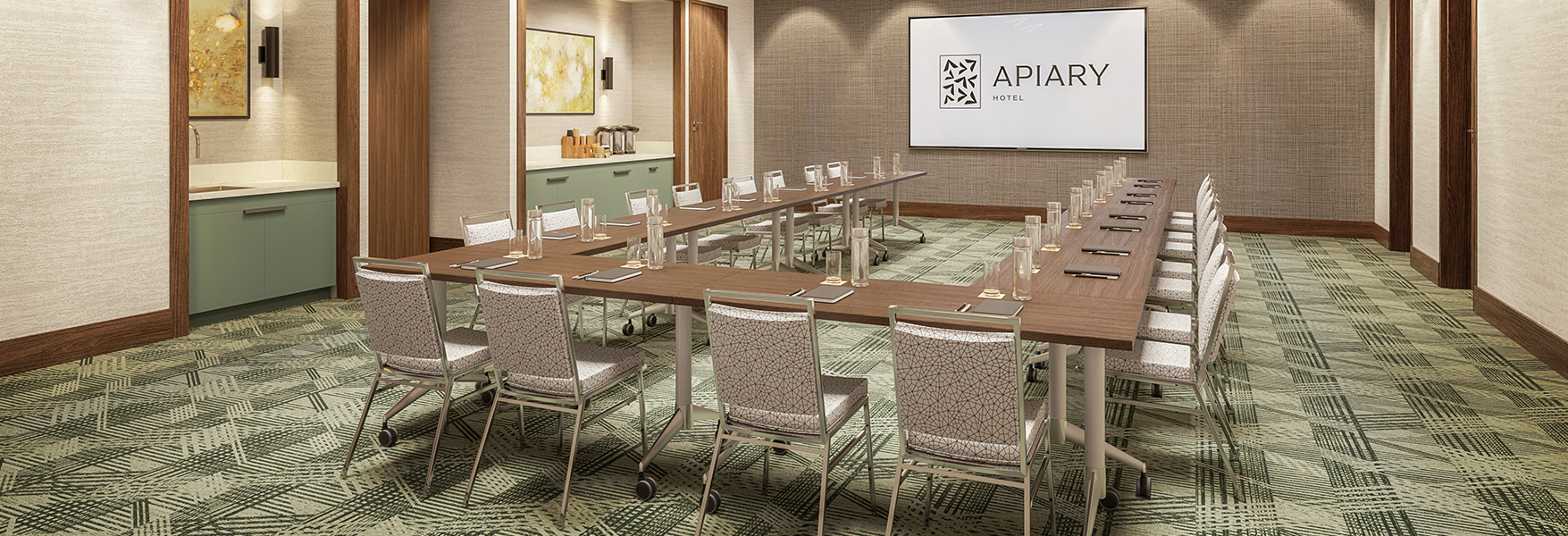 a room with a large table and chairs