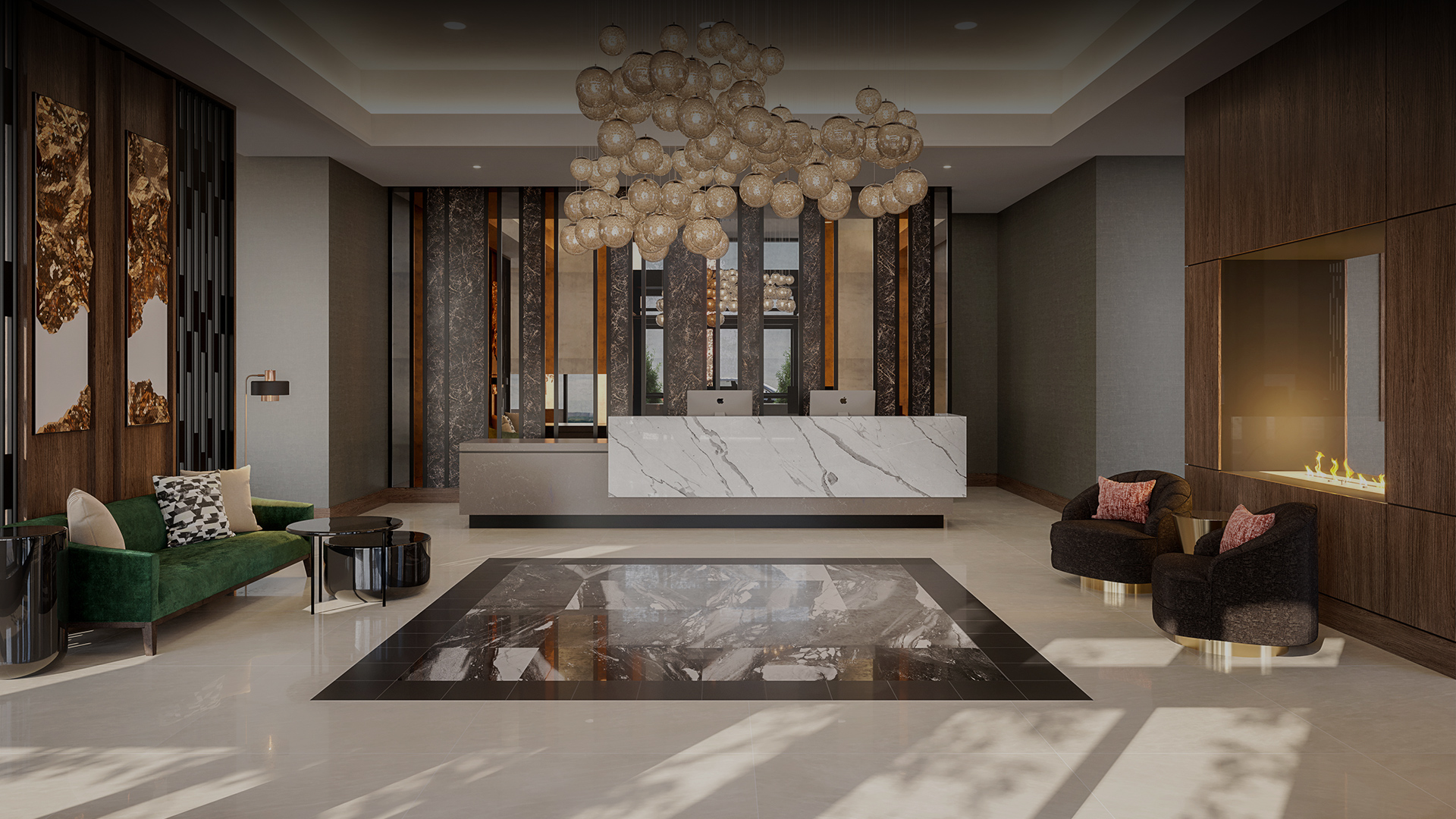 a lobby with a marble floor and a chandelier