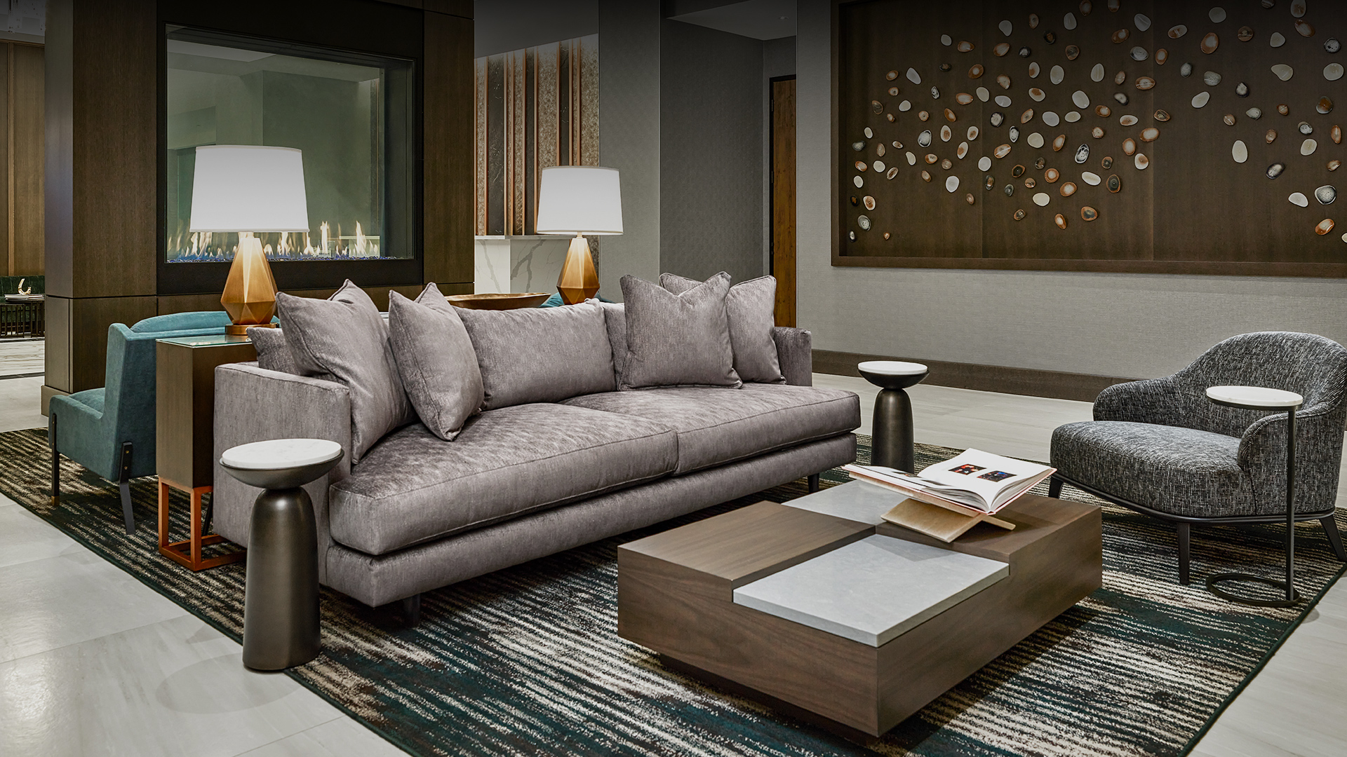 a living room with a couch and coffee table