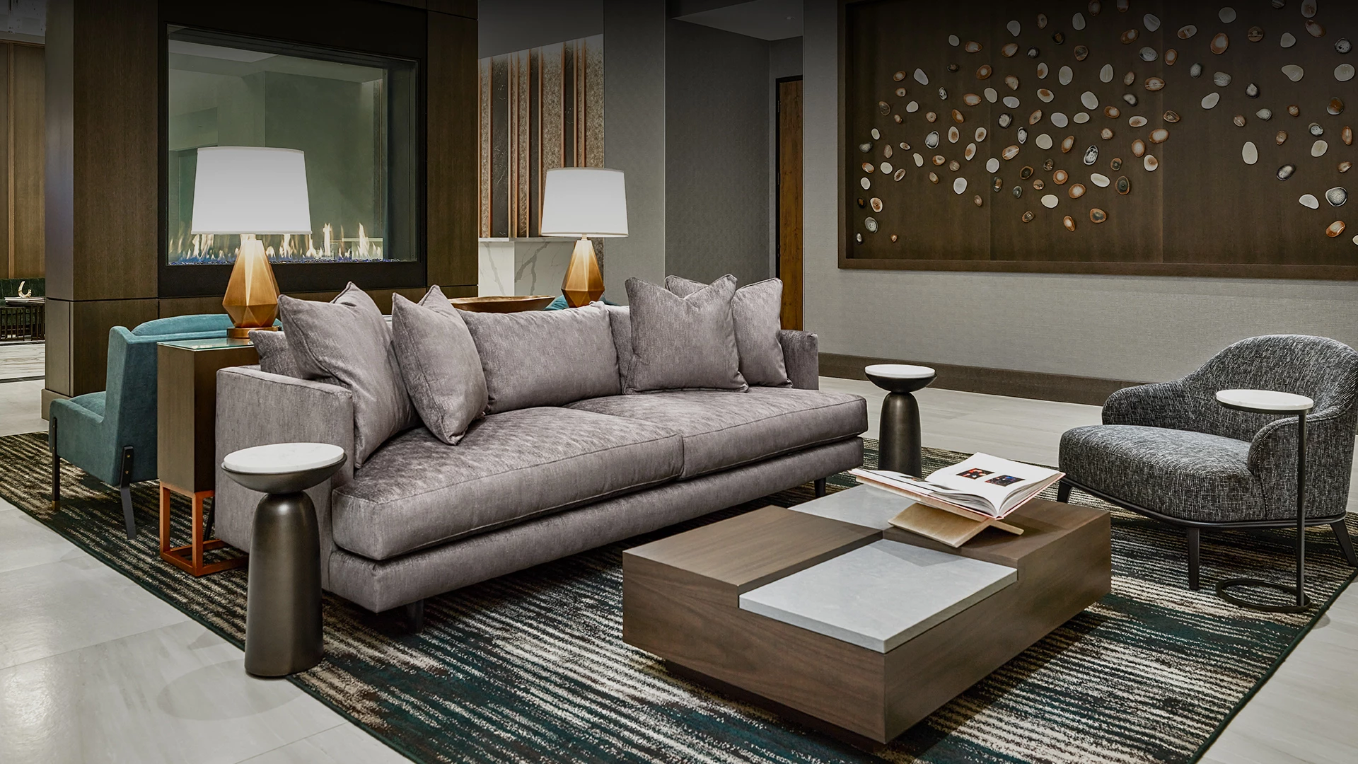 a living room with a couch and coffee table
