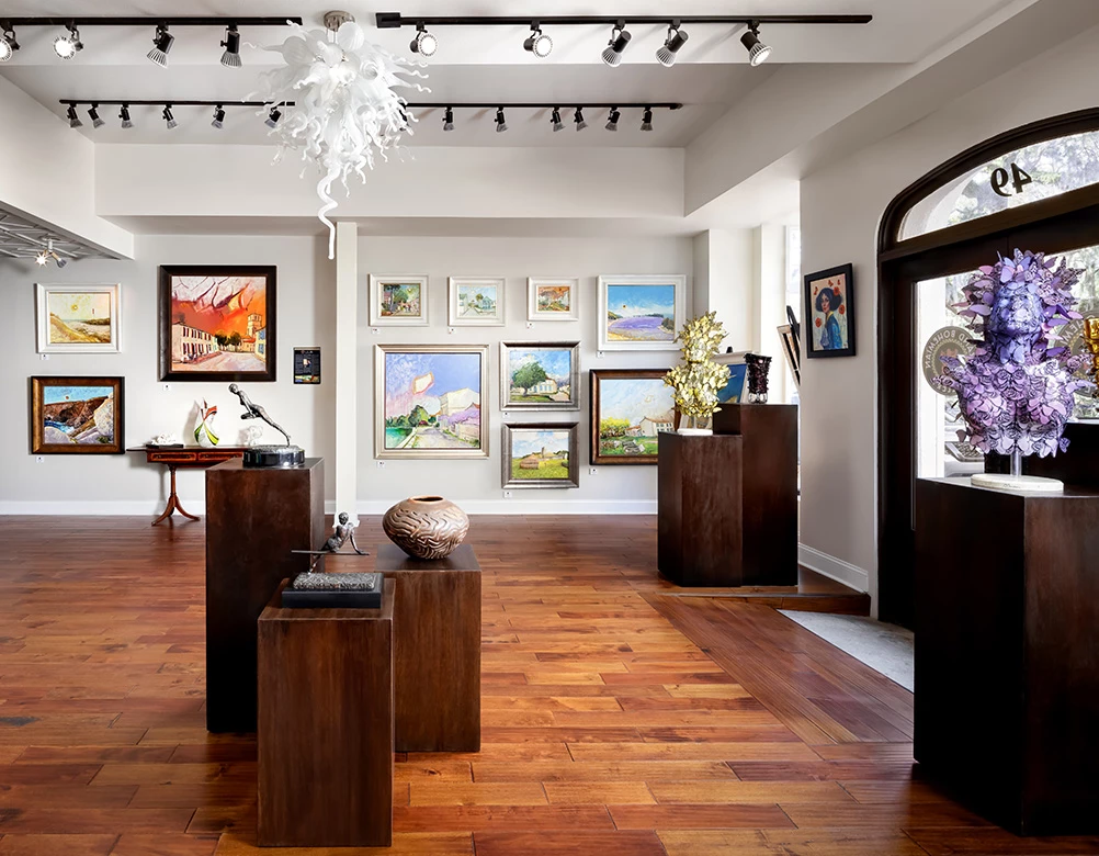 a room with art and paintings