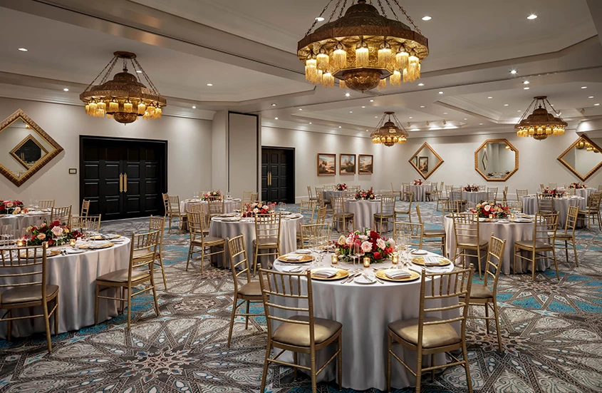 a room with tables and chairs