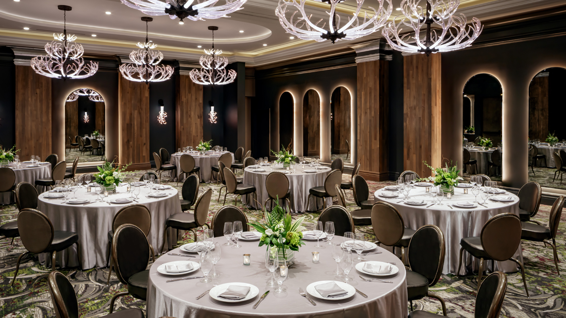 a large room with tables and chairs