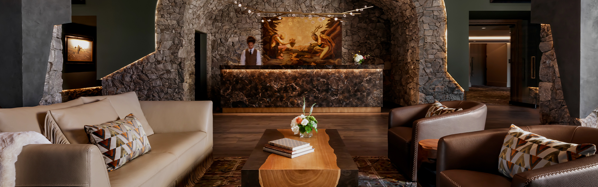 a reception desk in a hotel