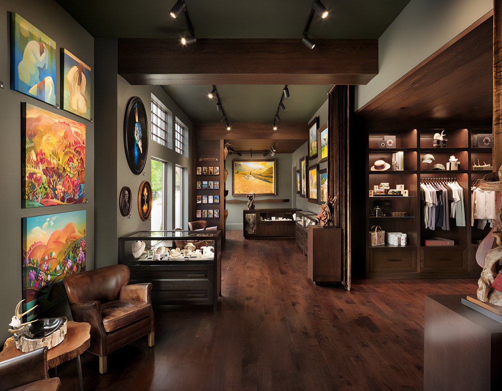 a room with art and display