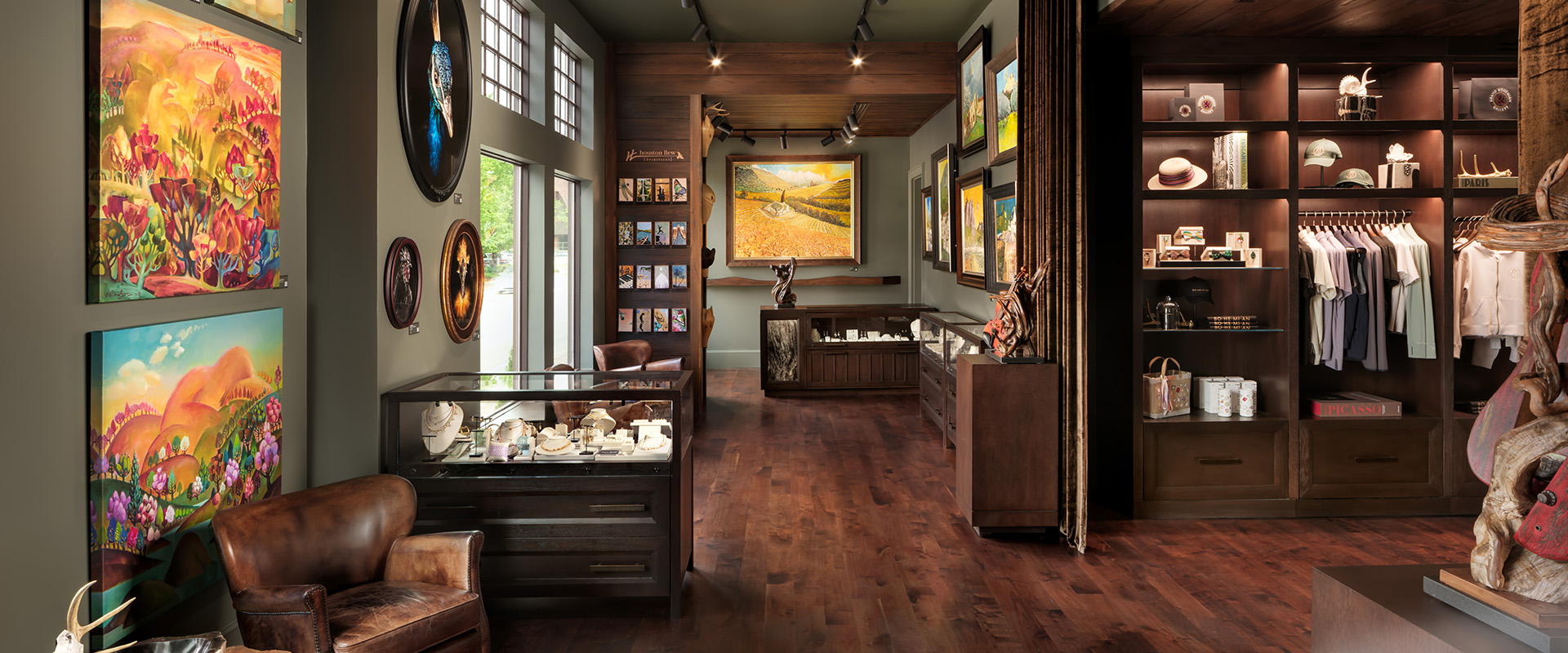 a room with art and paintings
