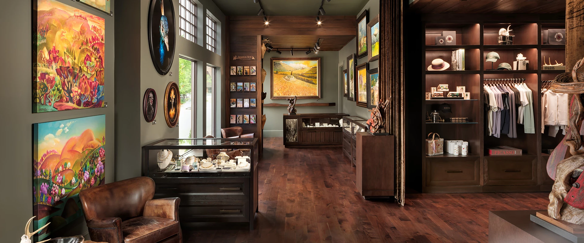 a room with art and paintings