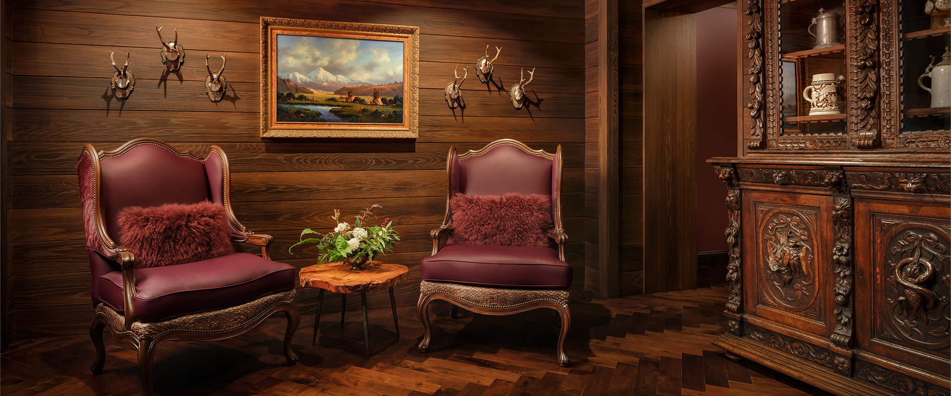 a chair and table in a room