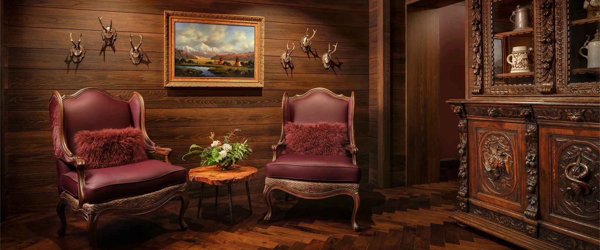 a chair and table in a room