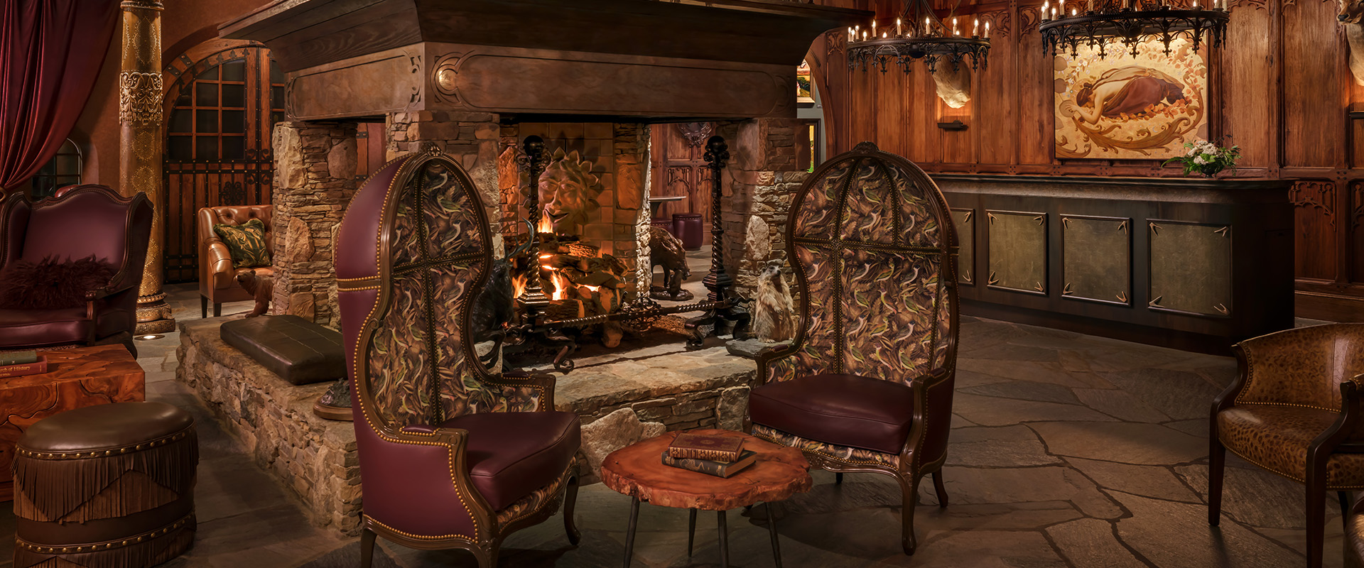 chairs in a room with a fireplace