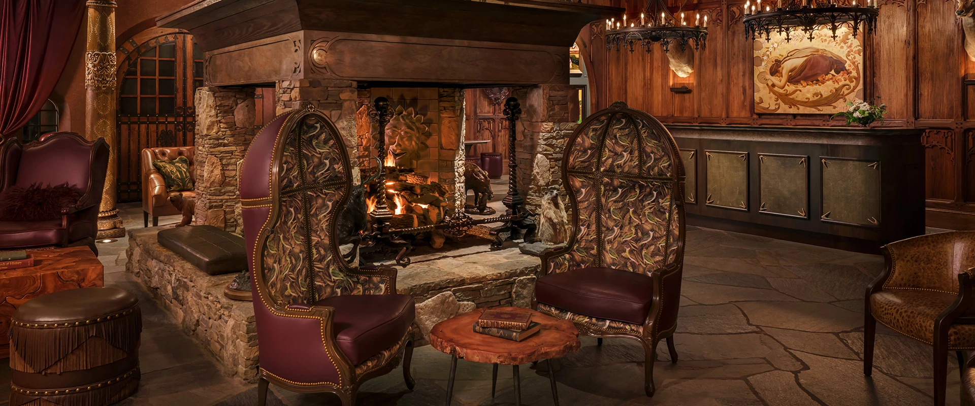 chairs in a room with a fireplace