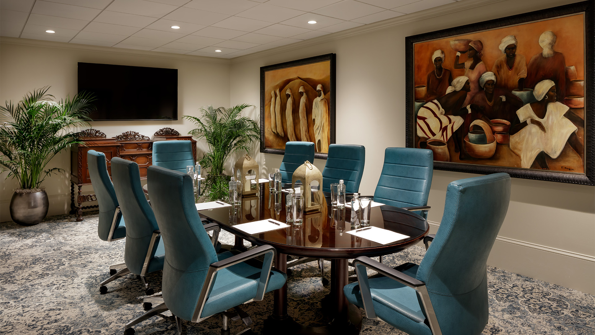a room with a table and chairs