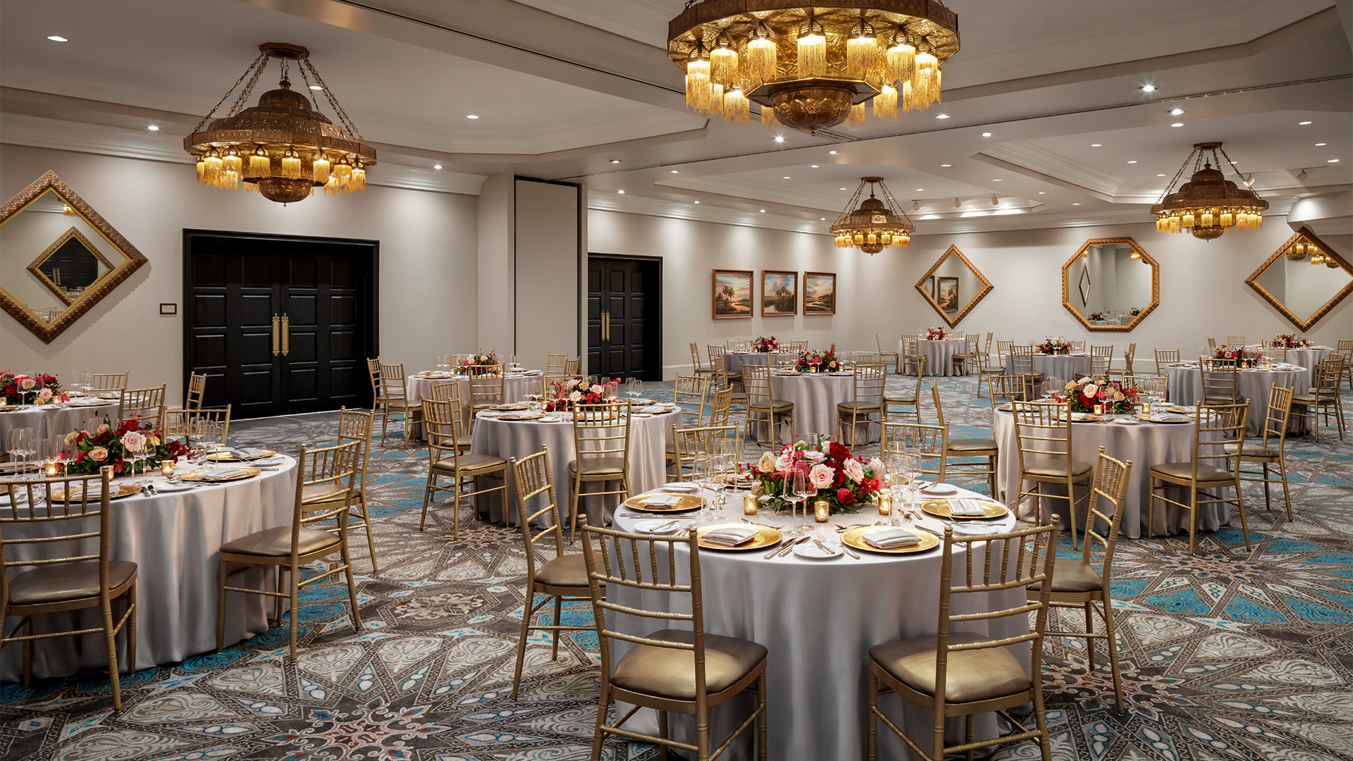 a room with tables and chairs