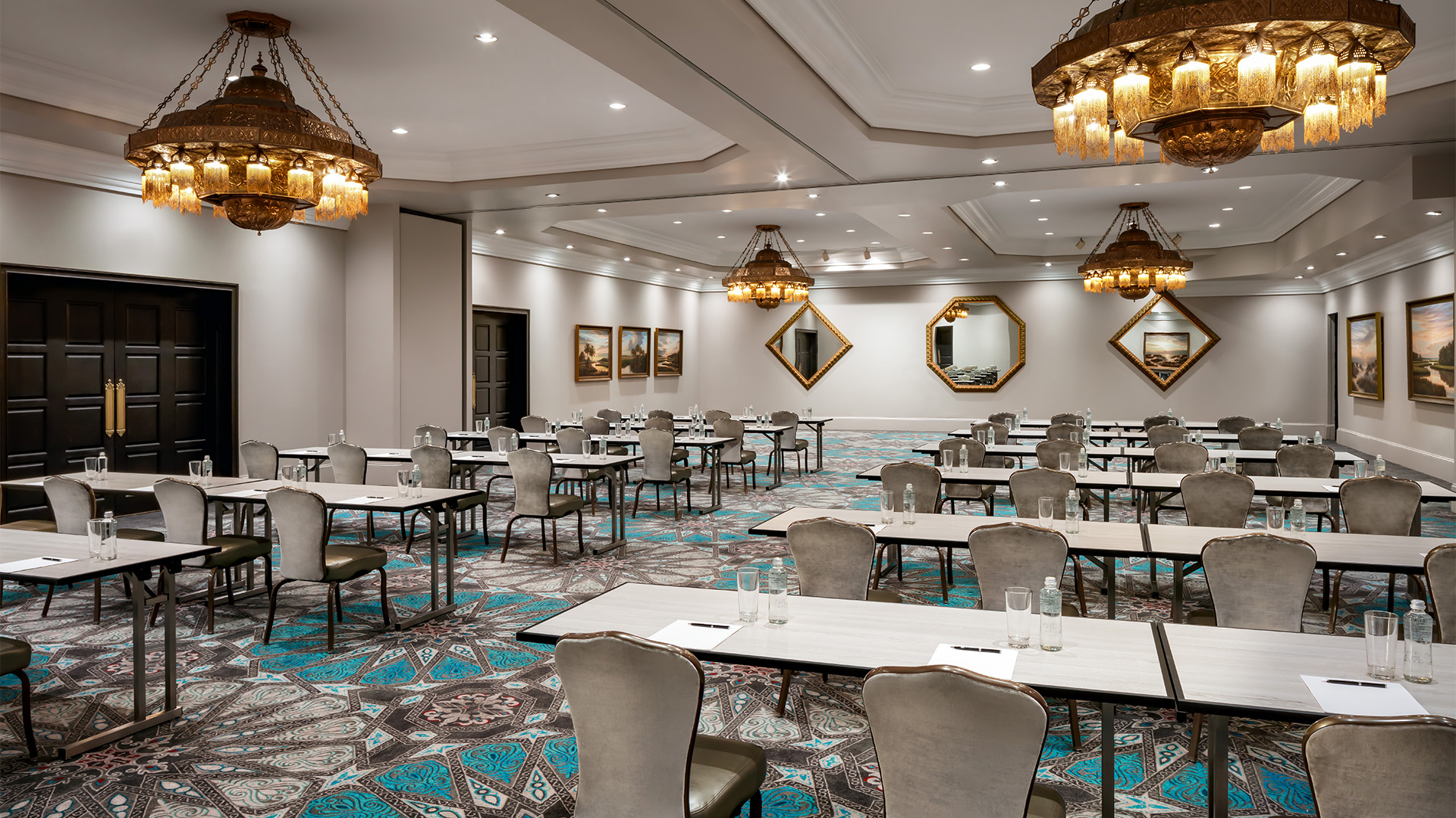 a room with tables and chairs