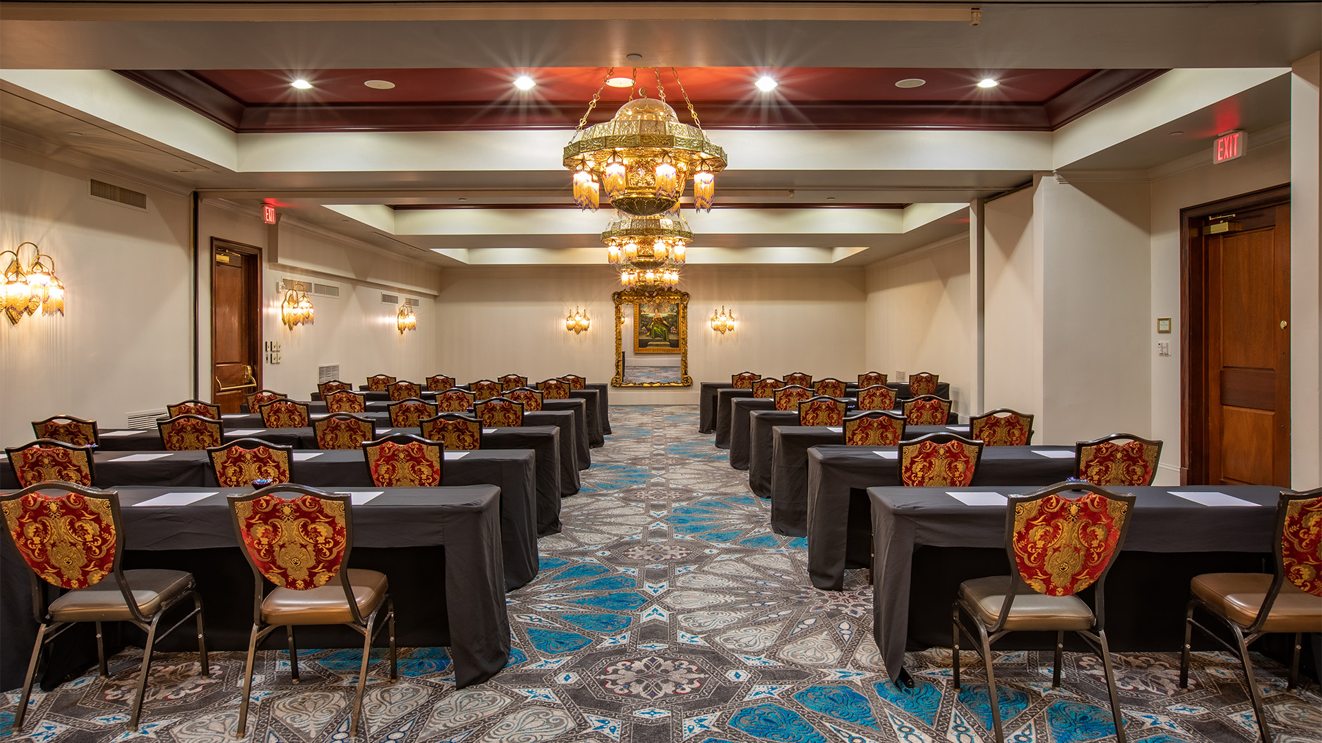 a room with tables and chairs