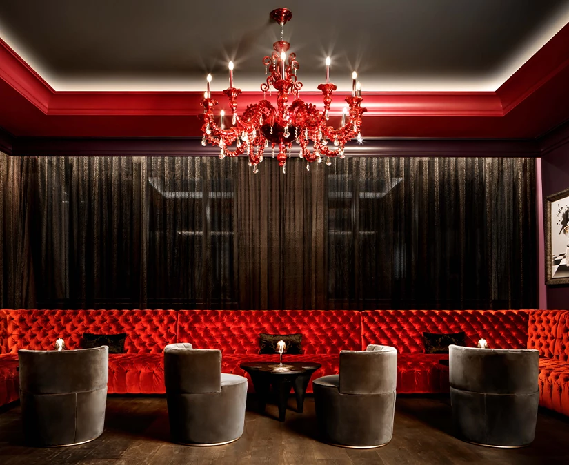 a red chandelier in a room