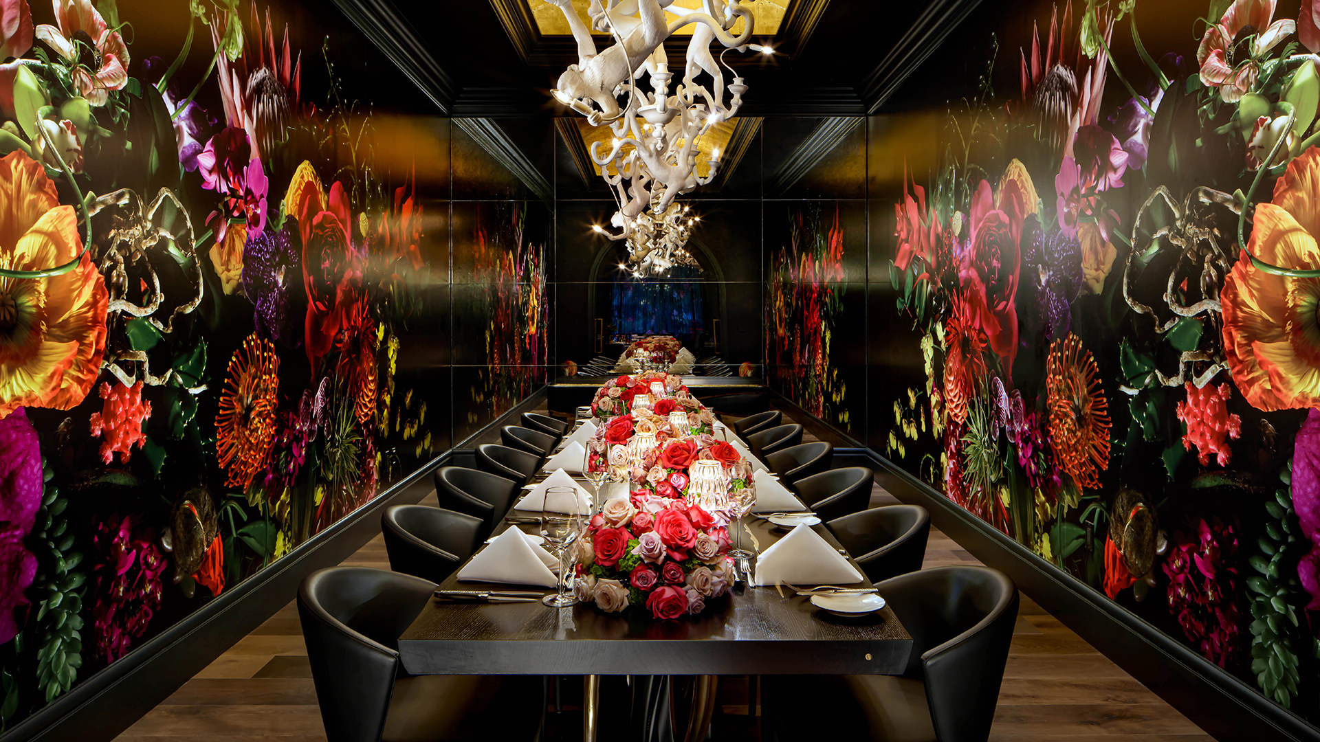 a long table with flowers on it