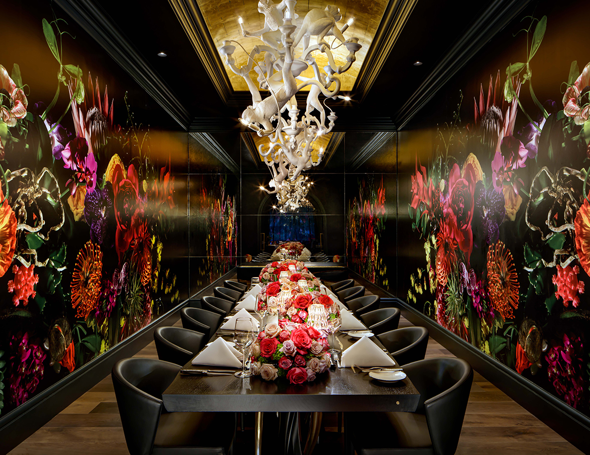 a long table with flowers on it