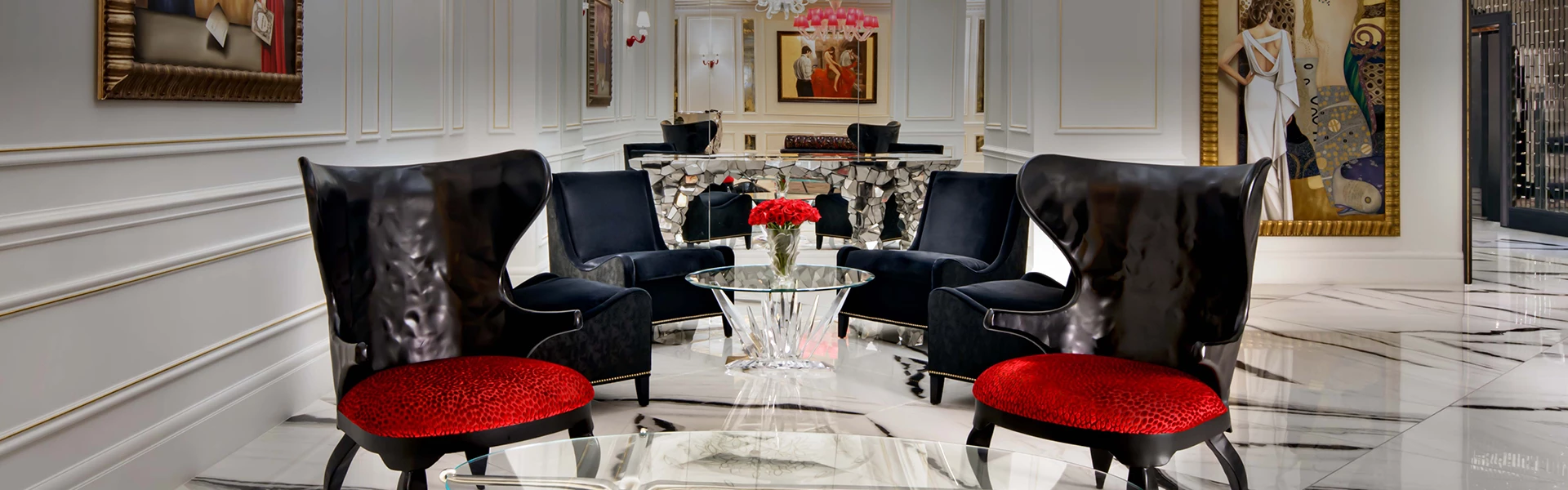 a room with black chairs and red chairs