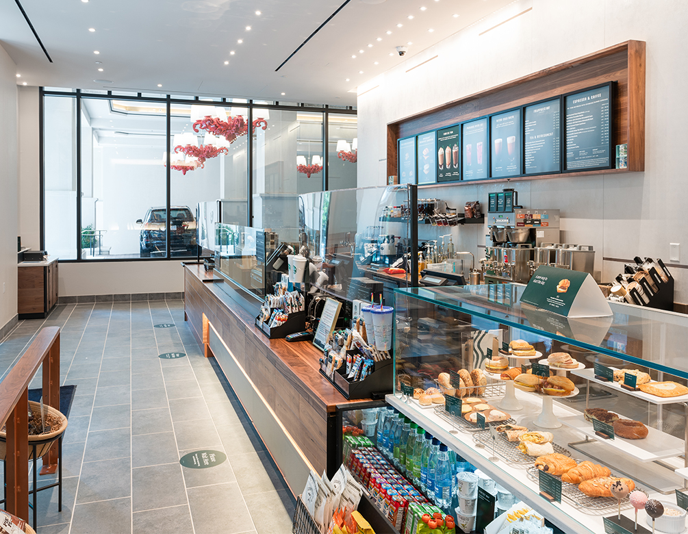 a coffee shop with a display case