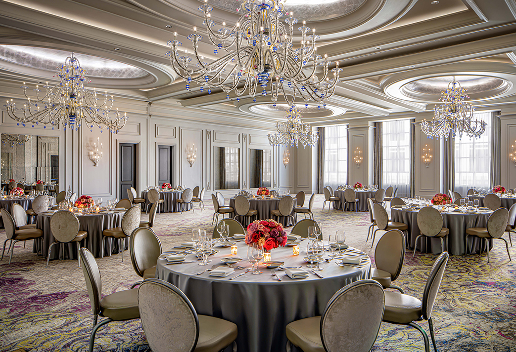 a large room with tables and chairs