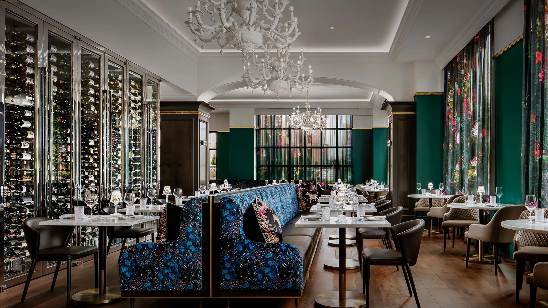 a restaurant with a chandelier