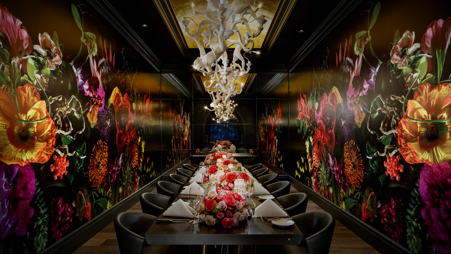 a long table with flowers on it