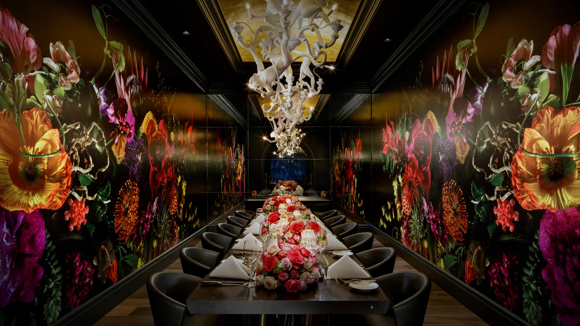 a long table with flowers on it