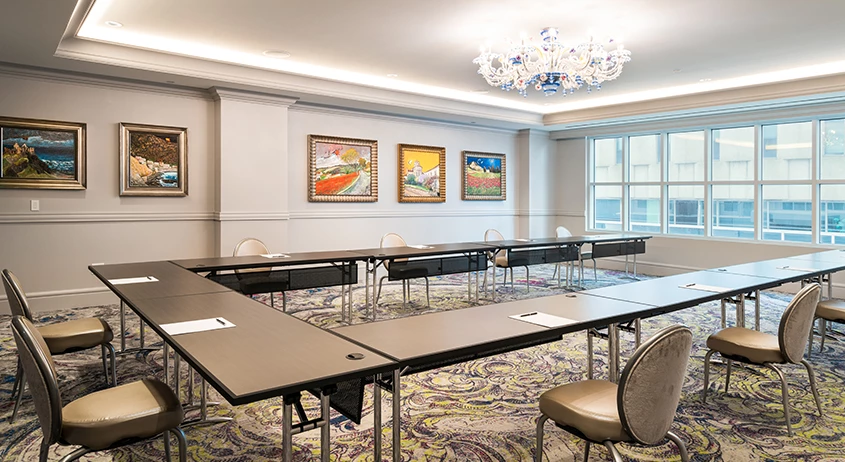 a room with tables and chairs
