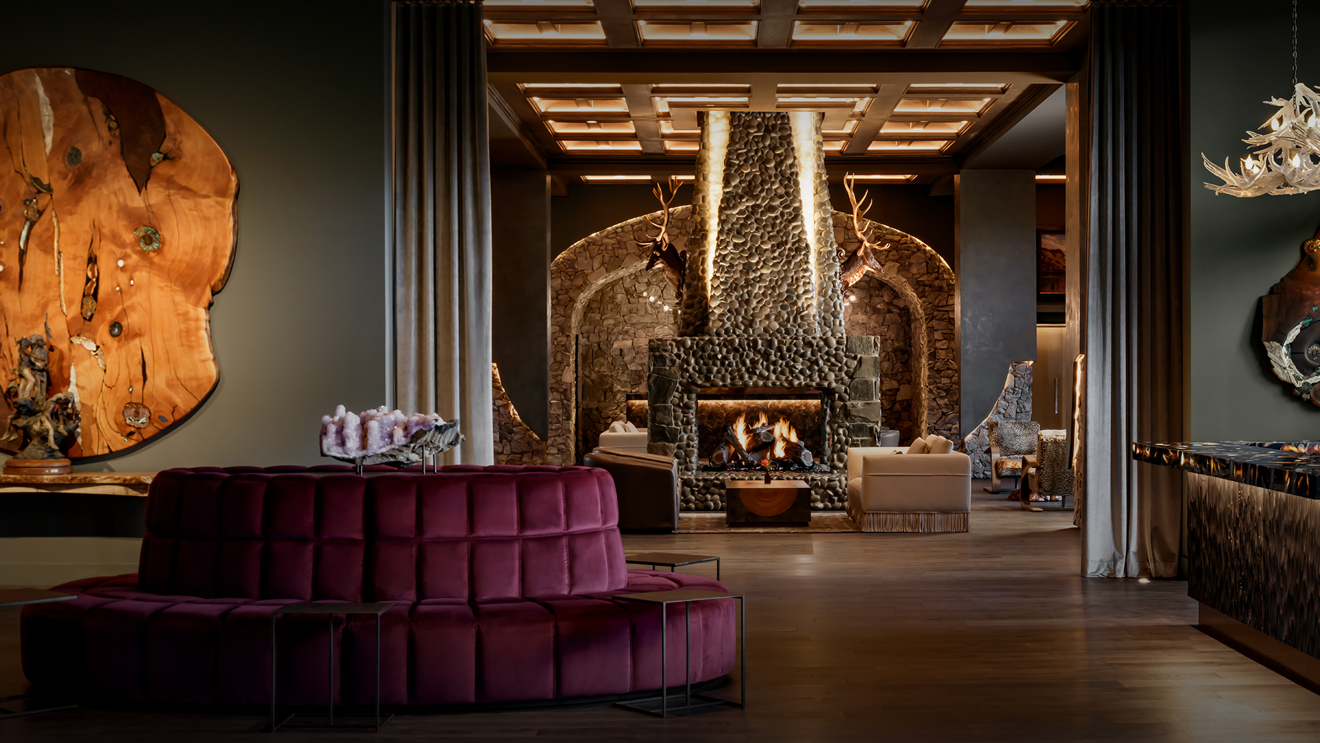 a room with a fireplace and a couch