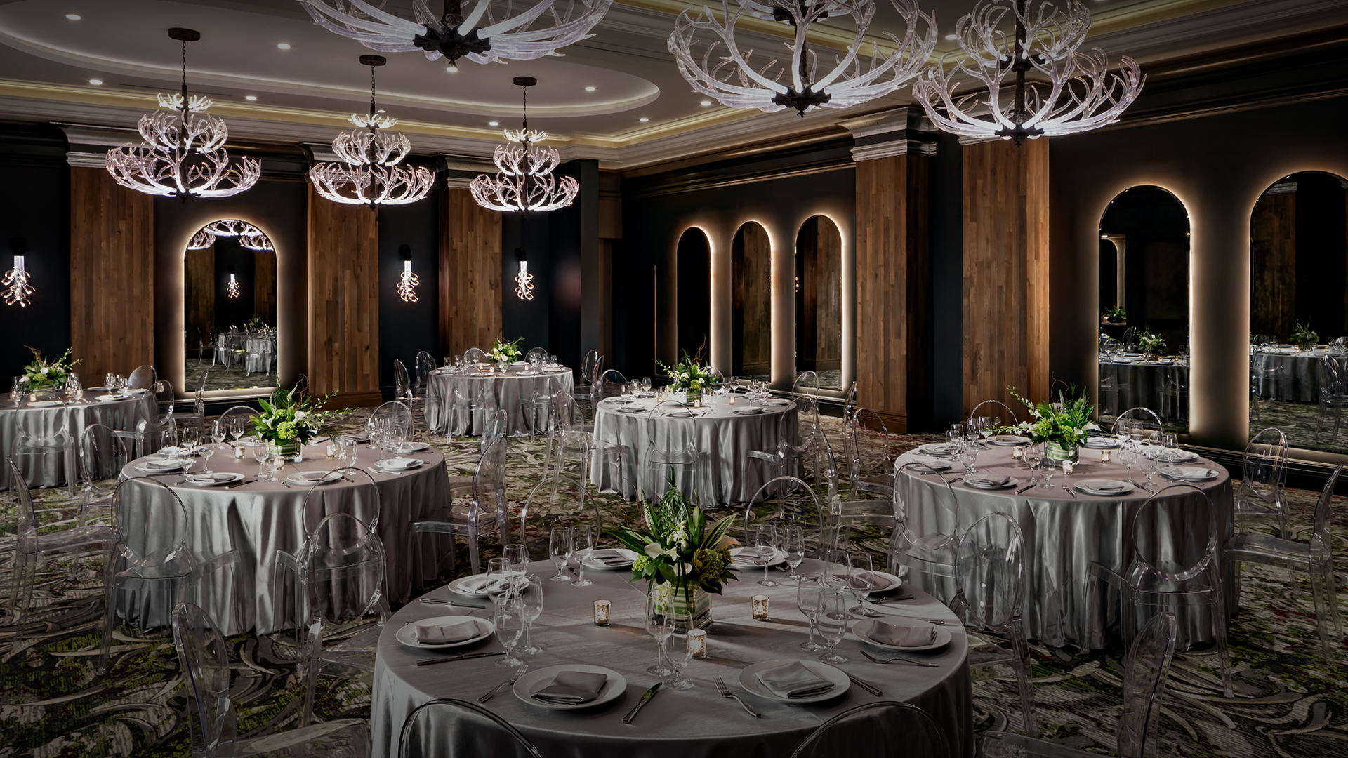 a large room with tables and chairs
