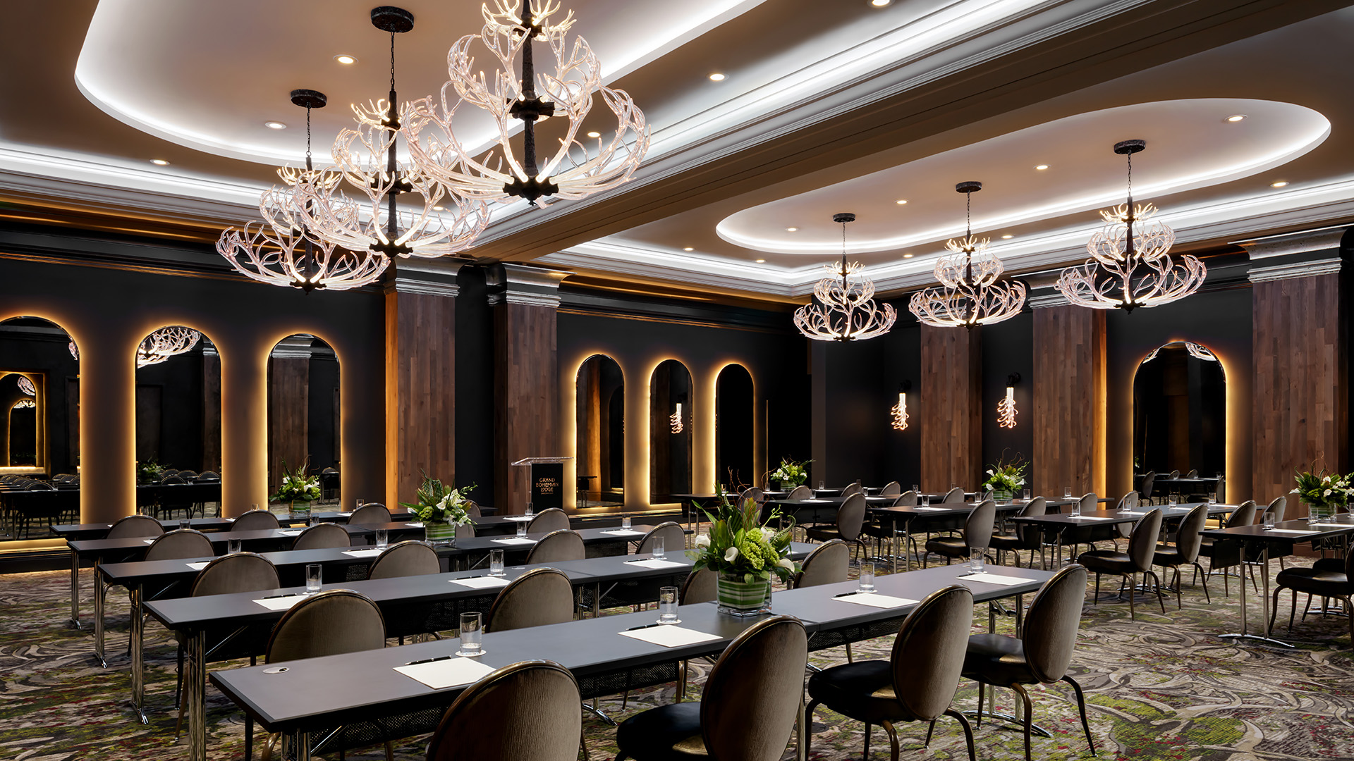 a room with tables and chairs