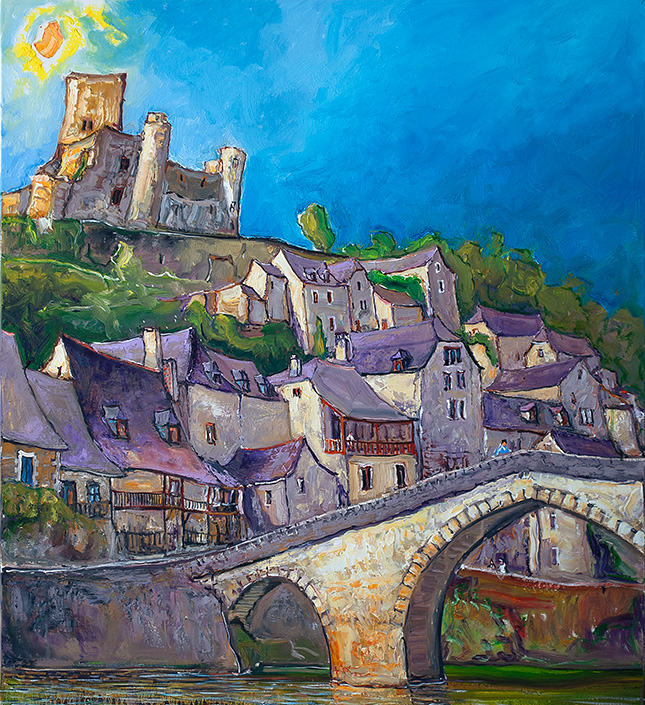 a painting of a town with a bridge and a castle