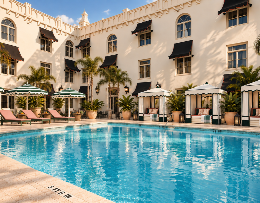 a swimming pool in front of a building